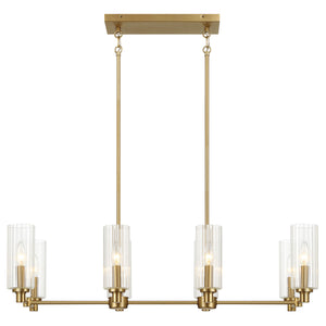 English Elm Willow Eight Light Linear Island Pendant Satin Brass Ribbed Glass Kitchen Fixture B183P231769