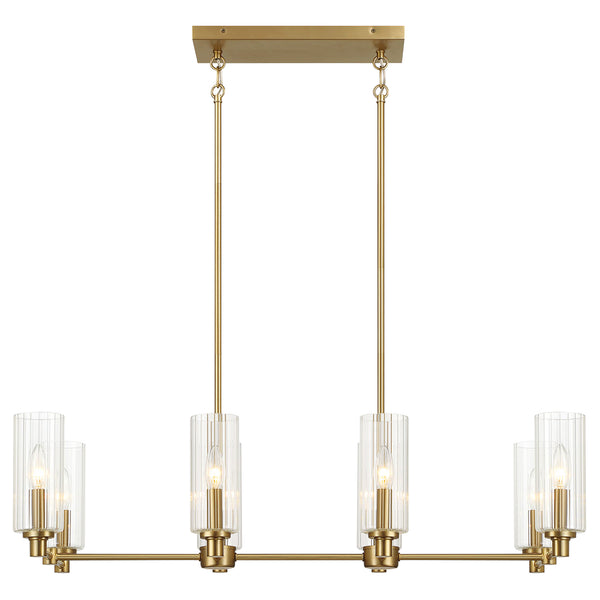 English Elm Willow Eight Light Linear Island Pendant Satin Brass Ribbed Glass Kitchen Fixture B183P231769