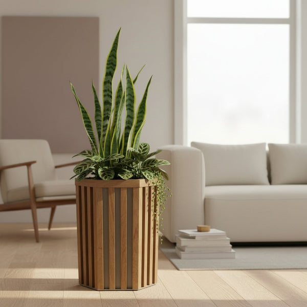 English Elm Hexagon Column Aluminum Planter Geometric Outdoor Pot with Wood Tone Powder Coat Finish Chestnut B2755P462184