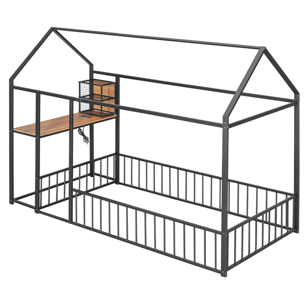 English Elm Twin House Bed Frame with Roof & Fence, Metal Twin Loft with Built-In Desk Shelves USB Outlets Black N737P173490B