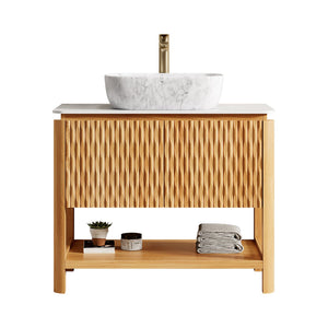 English Elm Dina Floating Bathroom Vanity Sintered Stone Top Glass Basin Striped Plywood Cabinet W2615S00517