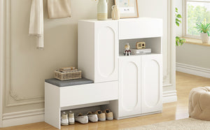 English Elm On-Trend 2-In-1 Shoe Cabinet With Soft Cushion & Arched Doors – Modern Storage Bench For Entryway, White N721P245716K-GIGA
