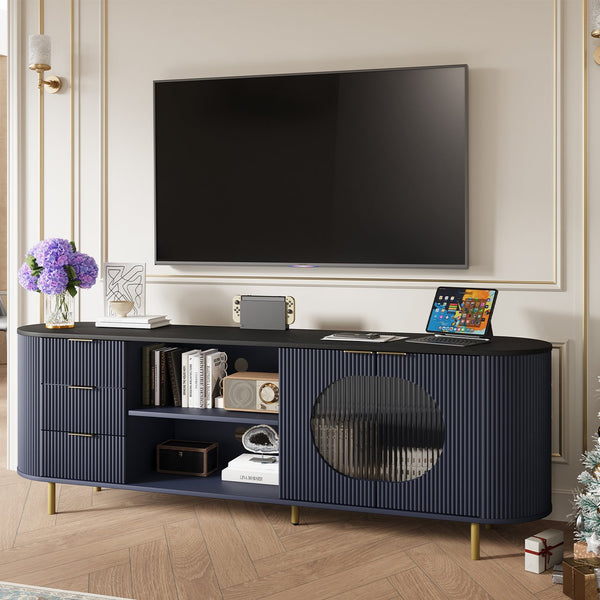 English Elm 65 Inch Fluted Media Console with Marble Look Top Gold Hardware Natural Finish Blue T5618P448227