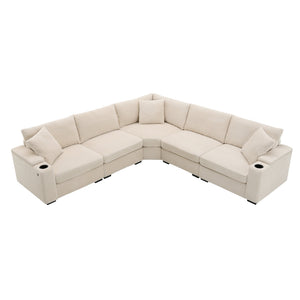 English Elm 104" Corduroy L-shaped Sectional with Usb Charging Armrest Storage and Cup Holders Beige N723S1187A