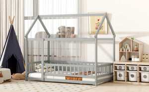 English Elm Twin Floor Wooden House Bed With Roof Frame & Guardrails - Cozy Grey Design For Kids' Rooms W504P286402-GIGA