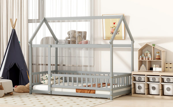 English Elm Twin Floor Wooden House Bed With Roof Frame & Guardrails - Cozy Grey Design For Kids' Rooms W504P286402-GIGA
