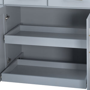 English Elm K&K Vintage Kitchen Island with Rubberwood Top, Hidden Wheels, Pull-Out Trash & Charging Station Grey+Blue N707P299014G