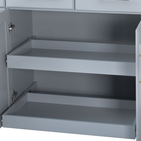 English Elm K&K Vintage Kitchen Island with Rubberwood Top, Hidden Wheels, Pull-Out Trash & Charging Station Grey+Blue N707P299014G