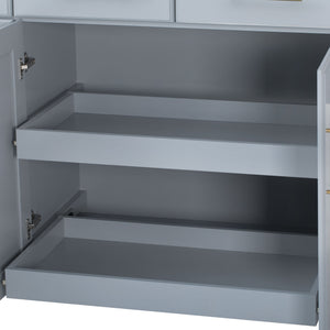 English Elm K&k Rolling Kitchen Island Rubber Wood Top Brass Hardware Built-in Outlets Storage Grey+Blue N707S299014G