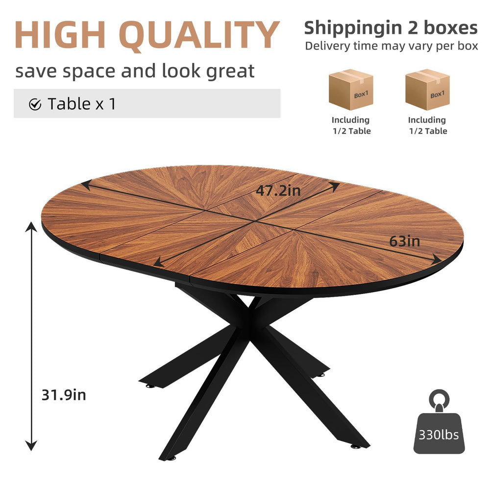 English Elm 47.2"-63" Extendable Round Dining Table Solid Wood Parquet Top Seats Six Walnut W3587S00002
