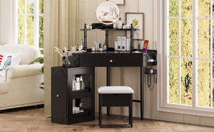 English Elm Corner Vanity Desk Set with Stool Charging Station Glass Top Pull-Out Cabinet Jewelry Organizer Black 35.82 L x 32 W x 8 H N733P336237B