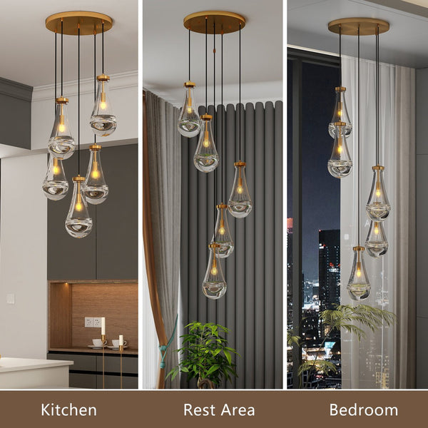 English Elm 5 Modern 5-Light Cluster Pendant with Raindrop Glass & Adjustable Rope Cordset for High Ceilings Gold W2312P389955