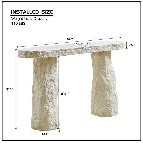 English Elm 53.94 Inch Sculptural Fiberglass Console Table with Stone Look Pillar Legs for Entryway W2582S00199