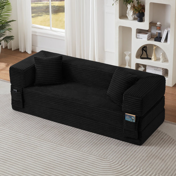 English Elm Modern Cord Fabric Convertible Sofa Sleeper Low Profile Square Frame for Apartments Black W3396P439851