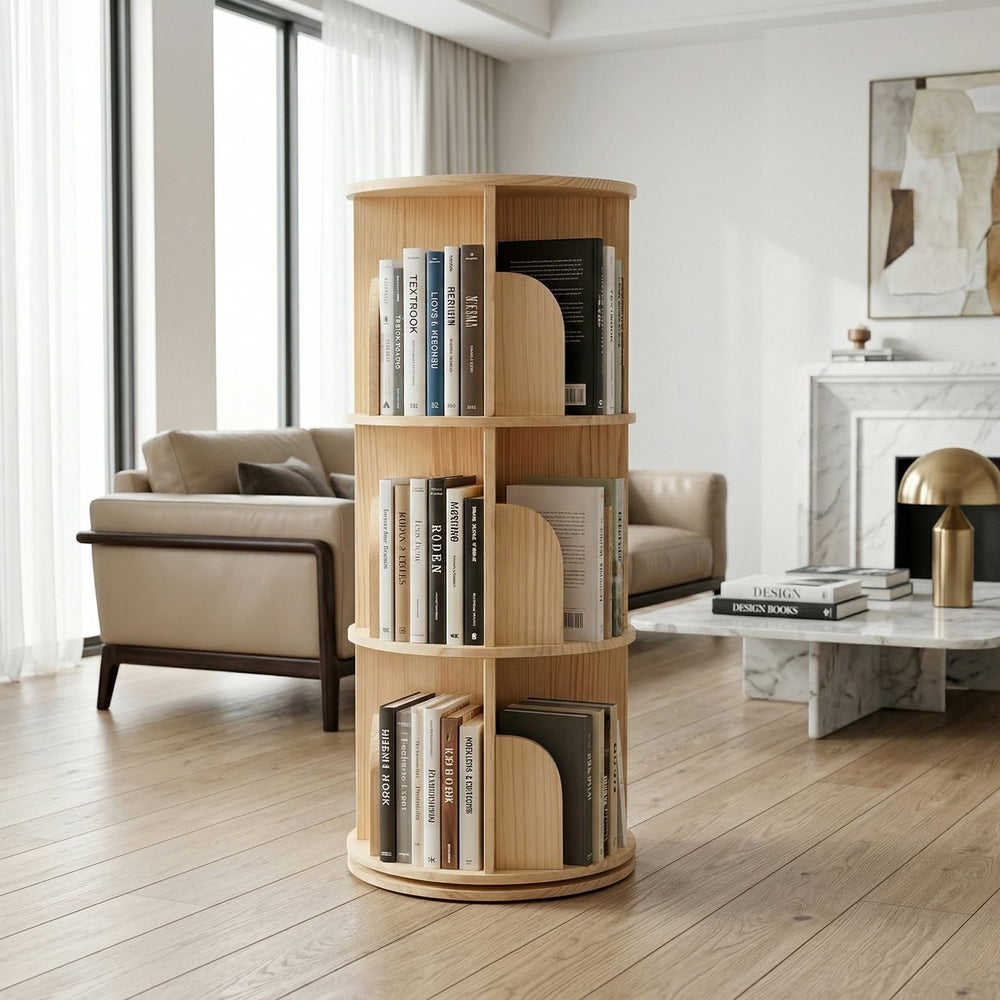 English Elm 3 Tier Spinning Round Bookcase Natural Wood Floor Shelf for Bedroom or Study W2989P460321