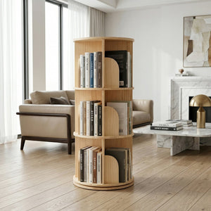 English Elm 3 Tier Spinning Round Bookcase Natural Wood Floor Shelf for Bedroom or Study W2989P460321