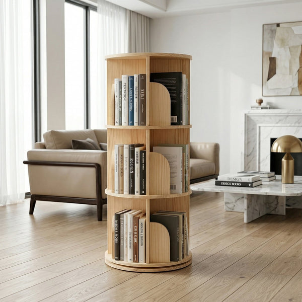 English Elm 3 Tier Spinning Round Bookcase Natural Wood Floor Shelf for Bedroom or Study W2989P460321