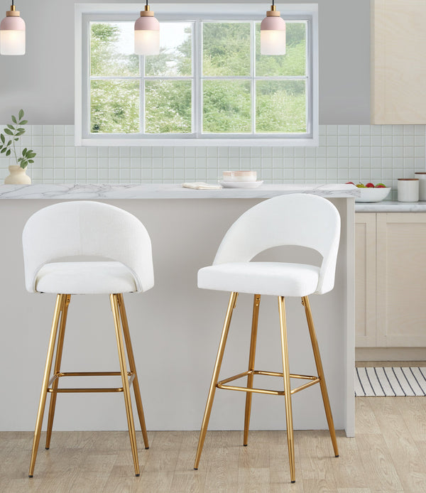 English Elm Fixed-height Metal Frame Barstools with Upholstered Seats and Geometric Footrest Set of 2 Cream,Gold B202S01934