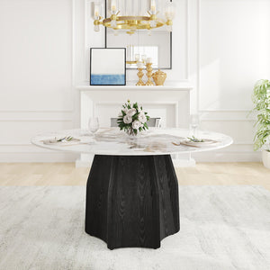 English Elm 59.05" Round Marble Dining Table For 6-8 People - Modern Artificial Stone With Black Oak Base W1535S00459