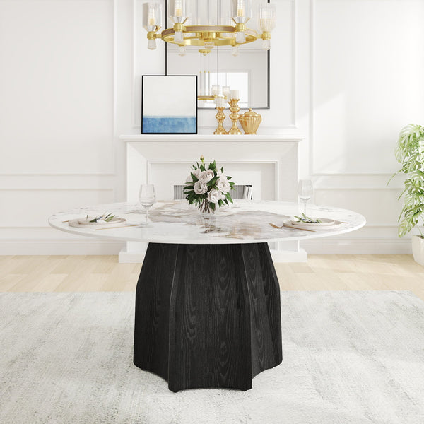 English Elm 59.05" Round Marble Dining Table For 6-8 People - Modern Artificial Stone With Black Oak Base W1535S00459