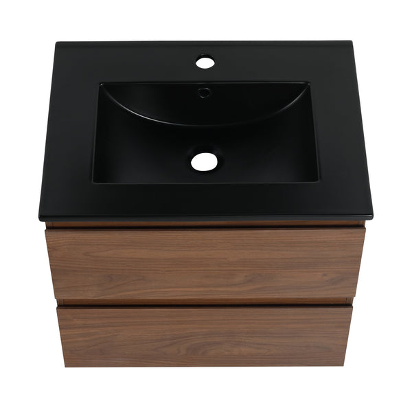 English Elm 24" Wall-Mounted Bathroom Vanity With Black Ceramic Sink & 2 Soft-Close Drawers For Stylish Storage W999S00193