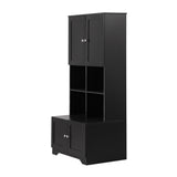 English Elm Tall and Wide Bathroom Floor Storage Cabinet, Bathroom Storage Unit, Freestanding Cabinet With 4 Doors, Adjustable Shelves, Open Multi-Layer Shelves, Black