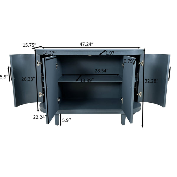 English Elm Modern Curved Sideboard Solid Wood Console Table with 4 Doors, Adjustable Shelves & Zinc Handles for Living Room Storage Scandi Style, Durable 220lb Top Capacity Blue W757P190337