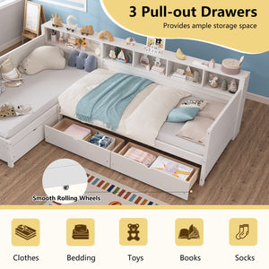 English Elm Twin Corner Daybed with Storage Drawers Bookshelf Wood L-shape Frame for Small Rooms White N733S369272K