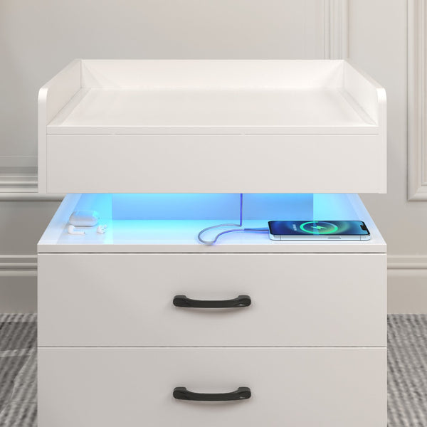 English Elm 1 Set Led Strip Nightstand with 2 Drawers Open Shelf Contemporary Bedside Storage White W578P462505