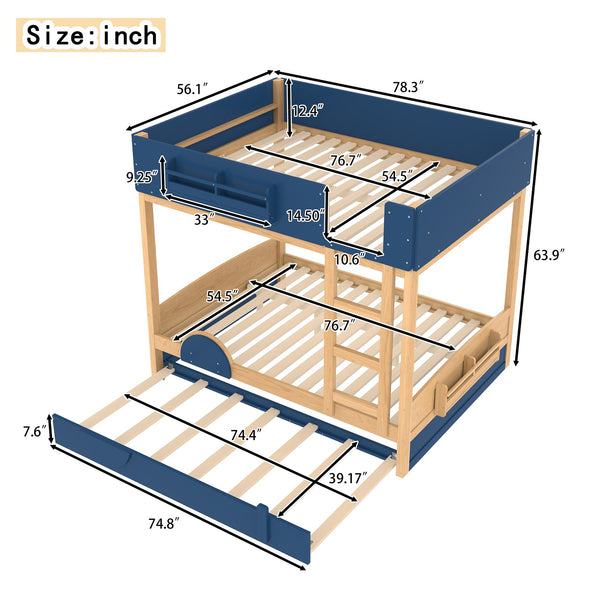 English Elm Full Bunk Bed with Trundle Bookshelf Storage Pine Frame Car Design for Kids Blue,Natural W1580S00445