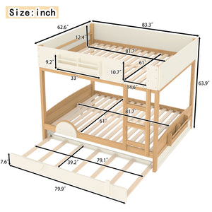 English Elm Queen Bunk Bed with Trundle Solid Pine Kids Car Themed Frame Built-in Bookshelf Natural+Beige W1580S00449