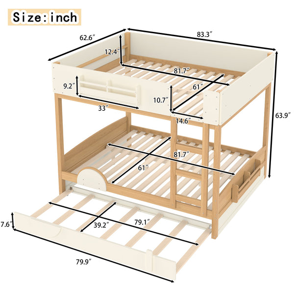 English Elm Queen Bunk Bed with Trundle Solid Pine Kids Car Themed Frame Built-in Bookshelf Natural+Beige W1580S00449