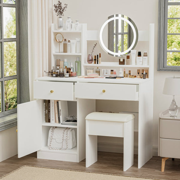 English Elm Fashion Vanity Desk With Adjustable Led Mirror & Cushioned Chair - Elegant, Organized, White Set W2699P214618