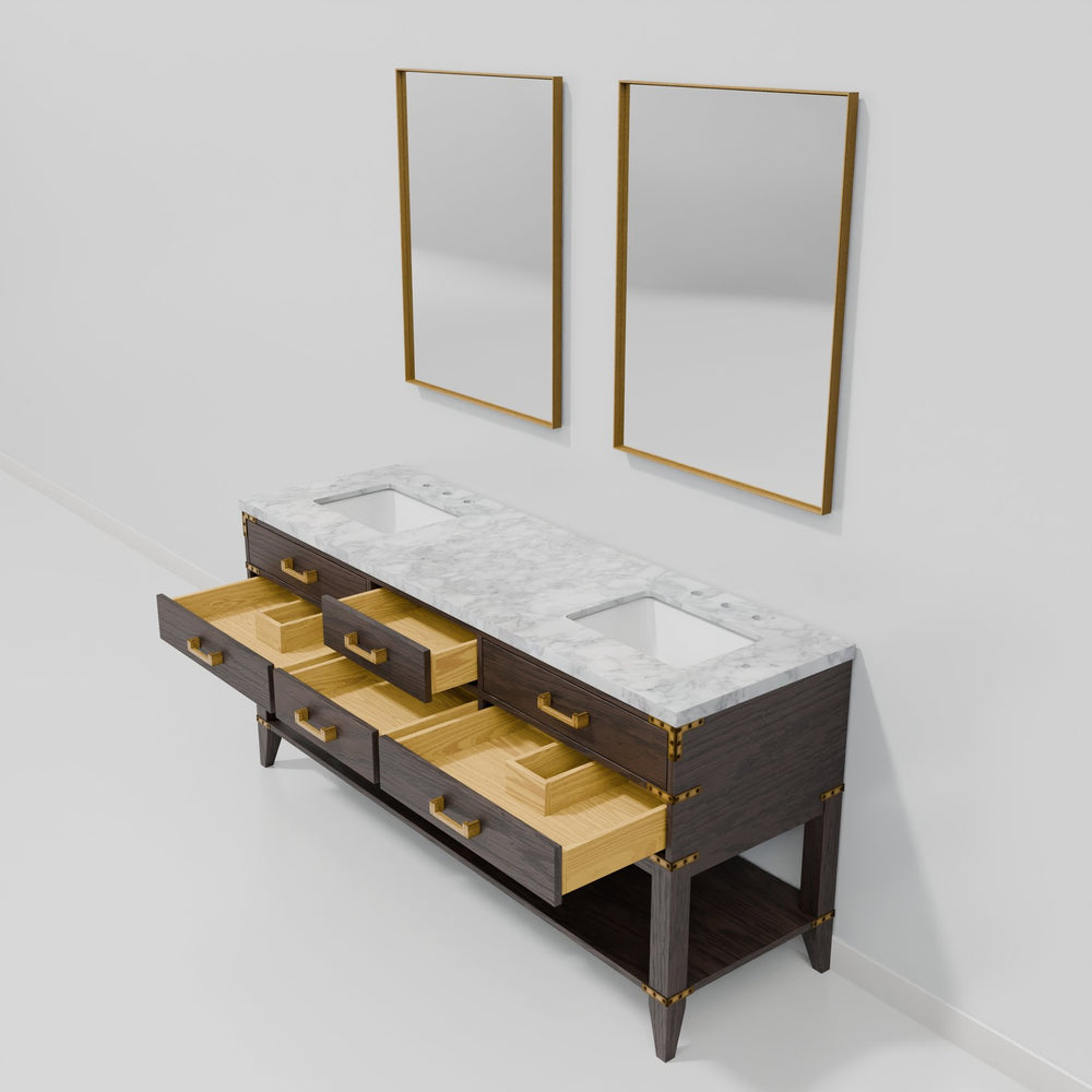 English Elm Brown Oak Double Bath Vanity With Carrara Marble Top & Mirrors - Elegant Storage Solution 72"W X 22"D B2731S01640