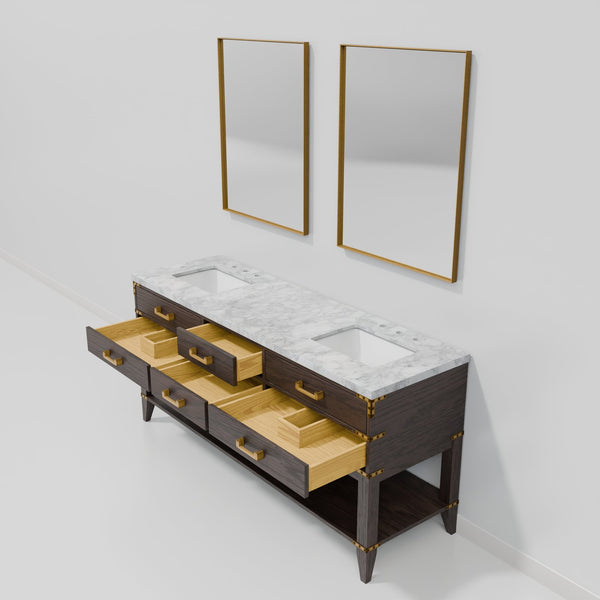 English Elm Brown Oak Double Bath Vanity With Carrara Marble Top & Mirrors - Elegant Storage Solution 72"W X 22"D B2731S01640