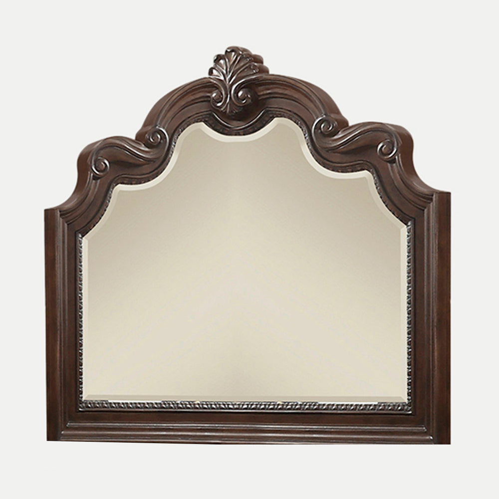 English Elm Mohogany Ornate Mirror with Beveled Glass and Scrolling Solid Wood Frame in Rich Mahogany Finish B2699P230440