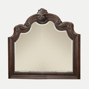 English Elm Mohogany Ornate Mirror with Beveled Glass and Scrolling Solid Wood Frame in Rich Mahogany Finish B2699P230440