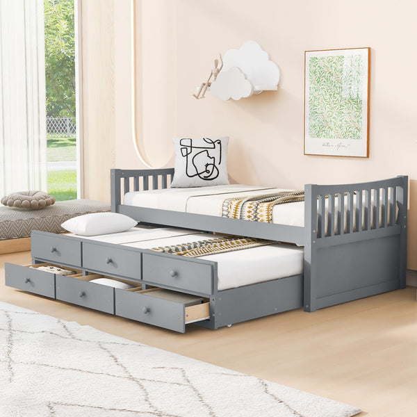 English Elm Daybed Twin Frame with Pull Out Trundle and Three Storage Drawers for Kids Rooms Gray LP100241AAE