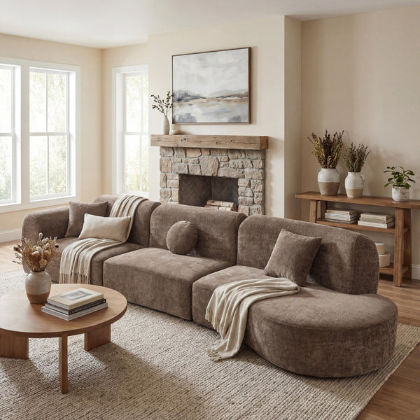 English Elm 140" Curved Sectional Sofa Plush Lamb Wool Upholstery 3 Piece Modular Living Room Set Brown N767P384981R