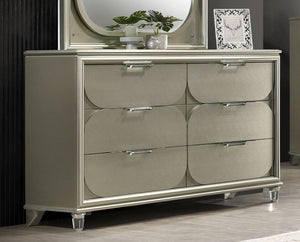 English Elm Contemporary Glam Acrylic-Handled 6-Drawer Dresser with Embossed Panels, Felt-Lined Jewelry Drawer Silver 66 L x 21 W x 40 H B2741P351980