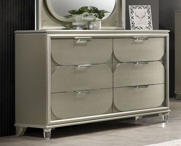 English Elm Contemporary Glam Acrylic-Handled 6-Drawer Dresser with Embossed Panels, Felt-Lined Jewelry Drawer Silver 66 L x 21 W x 40 H B2741P351980