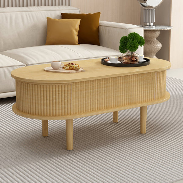 English Elm Fluted Oval Lift Top Coffee Table with Hidden Storage Mid-century Modern Living Room Natural Wood W2641P384387