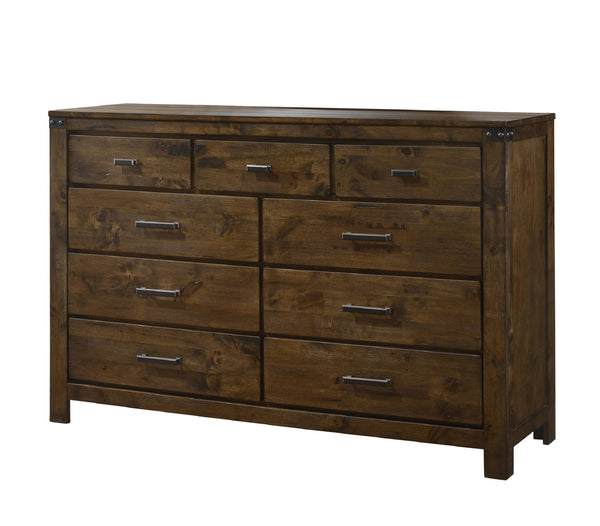 English Elm 1pc Rustic Industrial Five Drawer Chest with Solid Wood Grain, Metal Handles, Sturdy Bedroom Storage Brown 65.59 L x 20.31 W x 43.66 H B011P234684