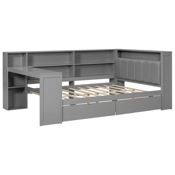 English Elm Wood Full Size Gaming Loft Bed with Integrated Desk, Shelves, LED Lighting & Hanging Clothes Rack Grey N7090001047E