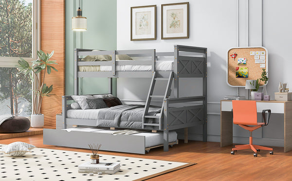 English Elm Twin Pine-over-Full Bunk Bed with Attached Ladder, Trundle & Full-Length Guardrail for Space-Saving Rooms Gray SM000208AAE-1