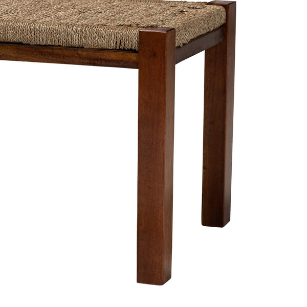 English Elm Modern Handwoven Rattan Mahogany Bench Artisan Boho Accent for Bedroom or Entryway B2750P470074