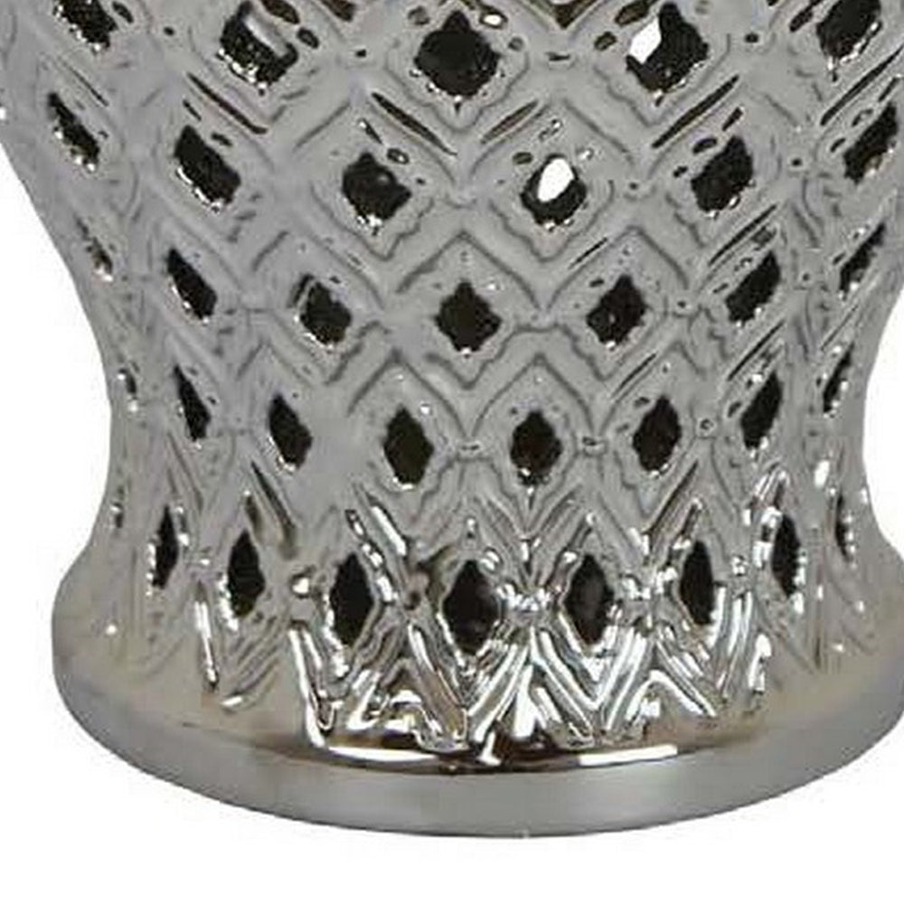English Elm Deni Silver Porcelain Temple Jar with Pierced Lattice Lid for Mantel or Shelf Display B056P416854