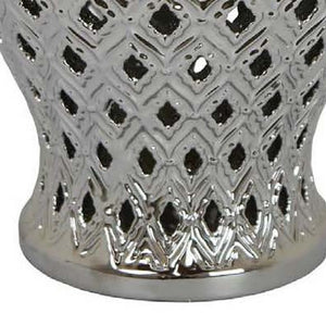 English Elm Deni Silver Porcelain Temple Jar with Pierced Lattice Lid for Mantel or Shelf Display B056P416854