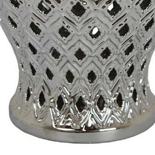 English Elm Deni Silver Porcelain Temple Jar with Pierced Lattice Lid for Mantel or Shelf Display B056P416854