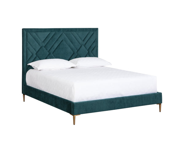 Sunpan Elizio Bed with Mid-Century Charm in Danny Teal Fabric and Gold Stainless Steel Legs for Luxe Style Queen
